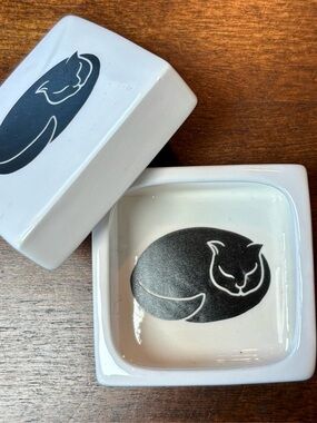 Nancy Lopez Cat Trinket Box White Ceramic Black Cat Jewelry Dish